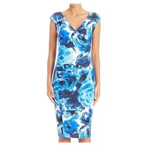 Fuzzi Blue Floral Print Sleeveless Ruched Faux Wrap Dress Size Medium